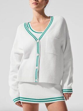 NWT ALO Tennis Club Sweater Knit Cardigan, Spruce Green/White, size XXS